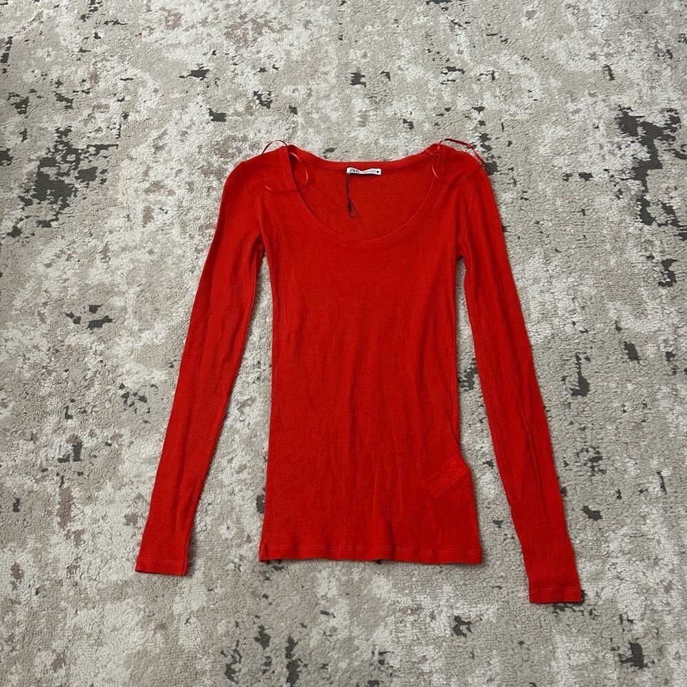 Zara Ribbed Scoop Neck Long Sleeve Top Size Small